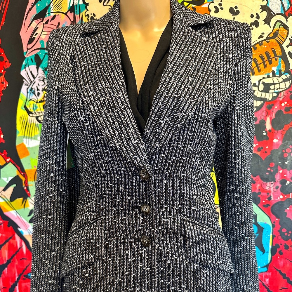 Escada Black and Silver Wool 3 Button Tailored Blazer Sz 34